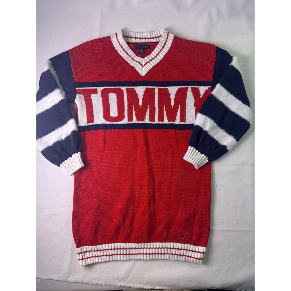 Tommy Hilfiger Girls Red Knit Sweater Dress Fuzzy Logo Stripes Size M 8-10 Y2K